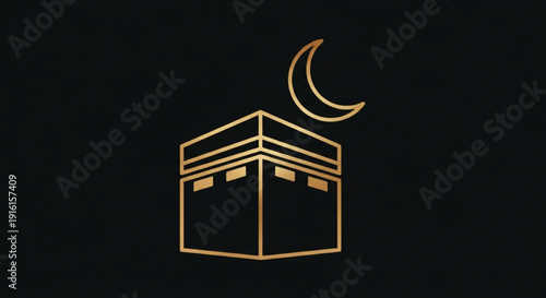 Golden kaaba with crescent moon on black background islamic symbol mecca saudi arabia religion spirituality culture