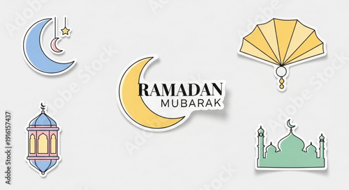 Ramadan mubarak festive icons set with crescent moon lantern mosque and umbrella on gray background