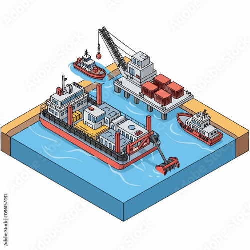 Offshore Oil Rig with Supply Boats and Crane.