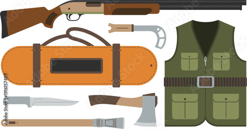 Hunting gear illustration, rifle vest knife axe equipment set, outdoor flat vector isolated background modern design concept