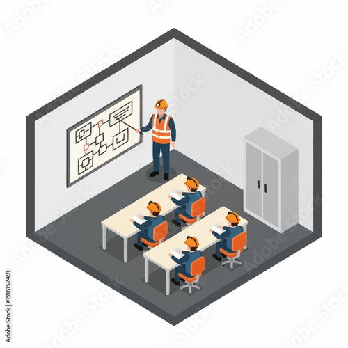 Isometric illustration of a meeting room scene with a presenter and audience.