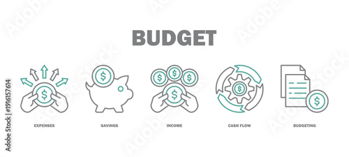 budget banner web icon vector illustration featuring icons of expenses, savings, income, cash flow, budgeting.