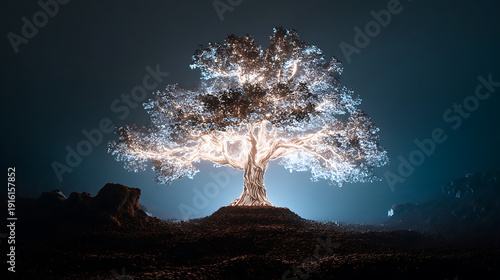 A glowing tree growing from a seedling to a massive, luminous oak. (3)