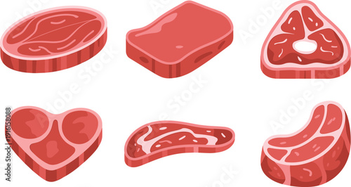 Raw beef steak illustration, meat cuts butcher collection, fresh food flat vector isolated background modern design concept