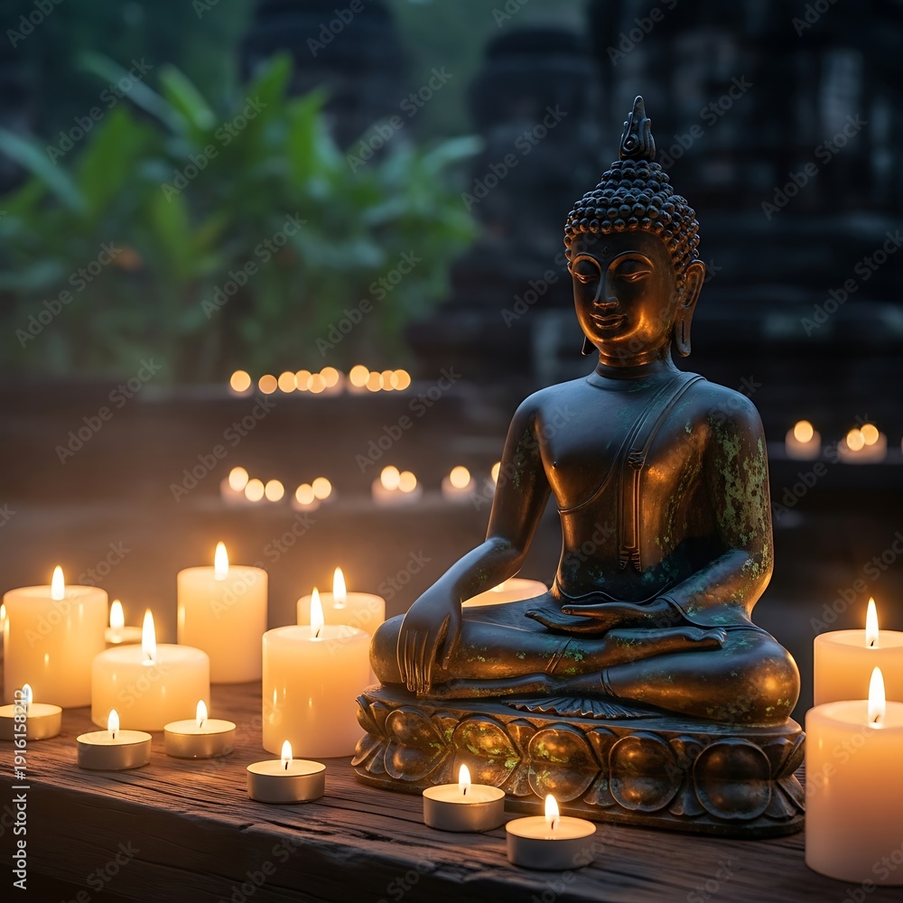 Fototapeta premium Serene Buddha Statue Surrounded by Candles.