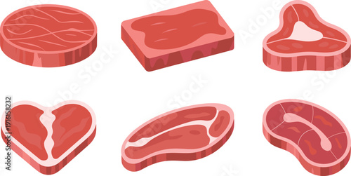 Raw meat steak illustration, beef butcher cuts collection, fresh food flat vector isolated background modern design concept