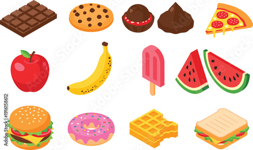 Colorful isometric food set with burger, pizza, fruit, donuts, snacks, and sweet dessert icons