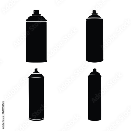 Collection of black silhouette spray paint cans showing various types and sizes