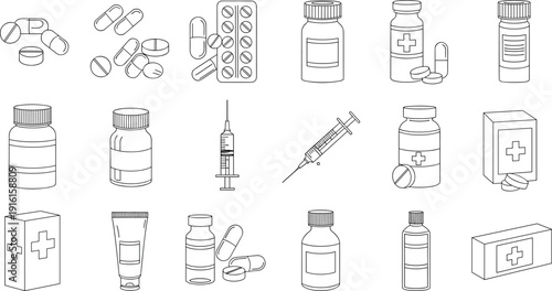 Assorted medical and pharmaceutical tools and containers illustration isolated on transparent background, Vector