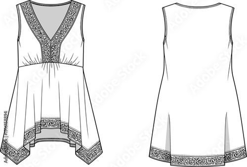 Women's fashion flat sketch of sleeveless tunic dress with V-neckline and ornate embroidery details