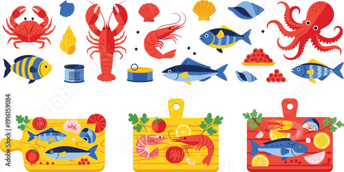 Colorful seafood vector set with lobster, crab, octopus, fish, shrimp, and gourmet cutting boards