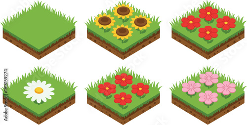 Isometric garden soil tiles with green grass, sunflowers, daisies and colorful spring flowers,