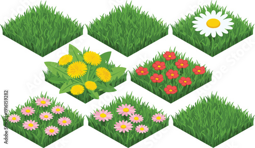 Isometric green grass tiles with spring flowers, dandelions, daisies, and pink floral patches