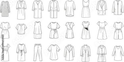 Collection of diverse clothing line sketches featuring various tops, dresses, and bottoms isolated on transparent background, Vector