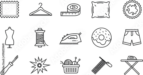 Assorted sewing and crafting tools and accessories displayed in a simple line drawing isolated on transparent background, Vector