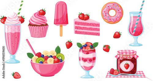 Strawberry dessert collection with pink cupcakes, milkshakes, ice cream, donuts and sweet fruit treats,