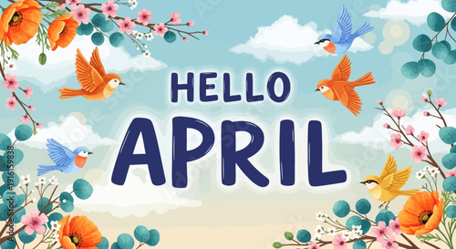 Spring April Greeting Design with Floral Elements and Flying Birds Illustration