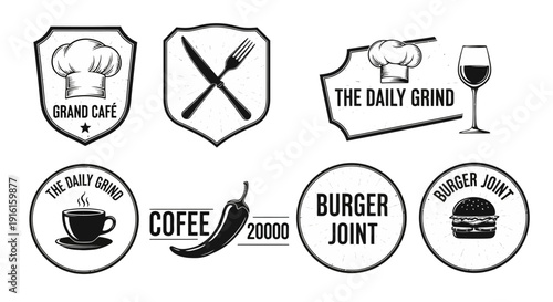 Black food icons set with chef hat, coffee pot, sandwich, and cutlery on white background