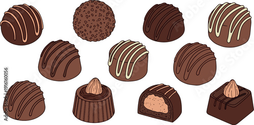 Set of Hand-Drawn Chocolate Truffles with Almonds and Creamy Fillings