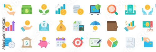 Collection of colorful business and finance icons representing various aspects of industry and commerce