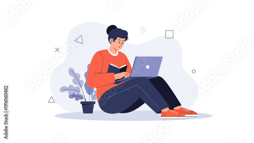 Young Woman Reading Book and Using Laptop, Studying or Working Remotely