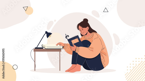 Young woman reading book at desk with lamp, studying, learning, knowledge concept