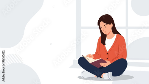 Young Woman Reading Book Sitting Cross-legged Near Window