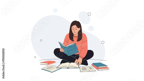 Young Woman Reading Books While Sitting Cross-legged