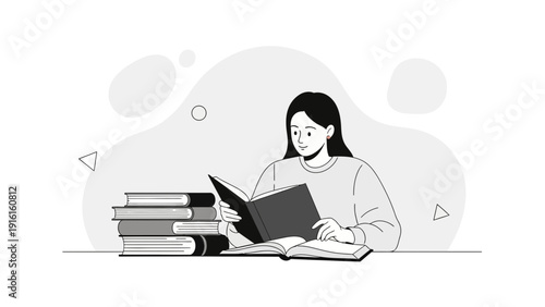 Young Woman Reading Books, Studying Knowledge, Learning and Education Concept