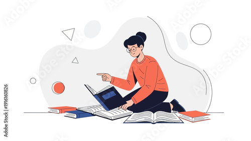 Young woman reading books, studying, education, knowledge, learning, research, student lifestyle