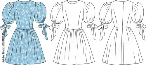 CAD drawing flat vector illustration of puff sleeve floral dress with bow tie detail, front and back fashion technical sketch