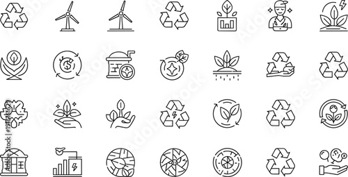 Collection of icons representing various aspects of sustainability and environmental conservation isolated on transparent background, Vector