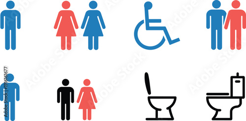 Collection of restroom including male female disabled and toilet symbols in blue red and black
