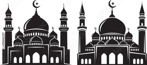 Silhouette vector illustration of two Islamic mosques with domes and minarets against a white background, representing architecture and religious sites.