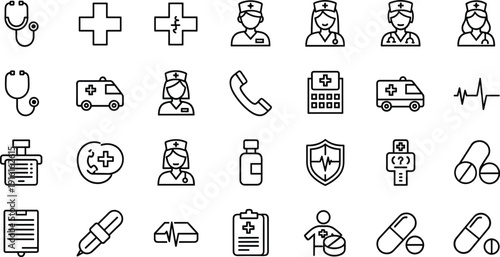 Collection of icons representing various medical and healthcare professions and tools isolated on transparent background, Vector