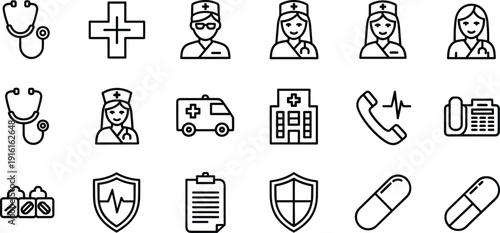 Icons representing various medical and healthcare professions and services isolated on transparent background, Vector
