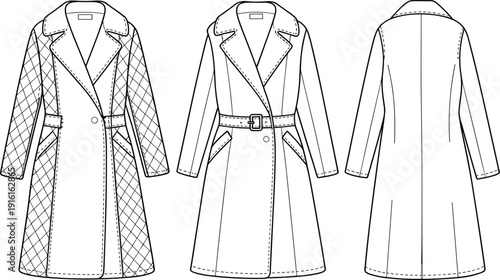 Cad drawing flat vector illustration of women's quilted and belted coat, technical fashion sketch showing front and back detailed views
