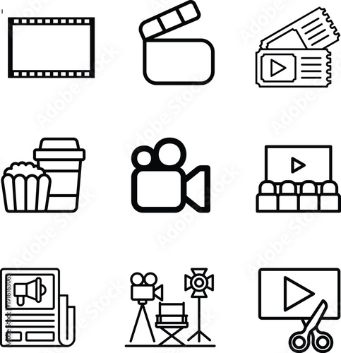 Collection of cinema and film icon set for movie and entertainment industry