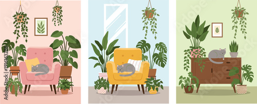 Cozy home interior set with cats sleeping on armchairs surrounded by lush green houseplants,