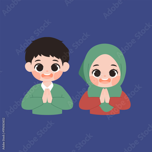 Cute Muslim Kids Boy and Girl Offering Respectful Greeting