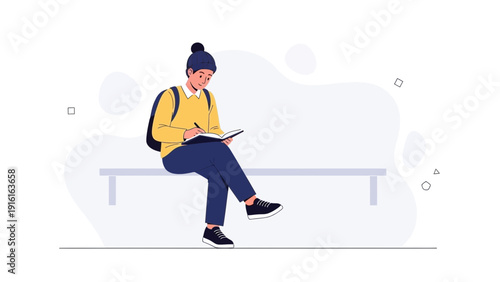 Student writing in notebook on bench, minimalist illustration, study concept