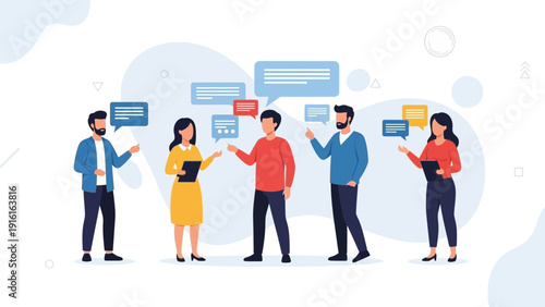 Diverse team discussing ideas, communication concept, flat illustration