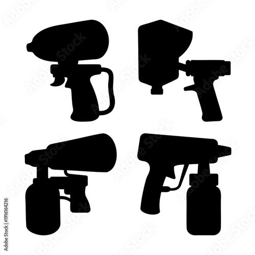 Collection of diverse spray gun silhouettes for various industrial and home applications