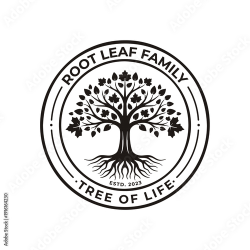 Root leaf family tree of life oak banyan maple stamp seal emblem label vector logo design