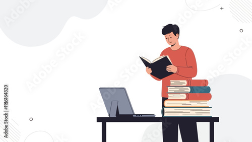 Young man reading book near stack of books and laptop, studying, learning