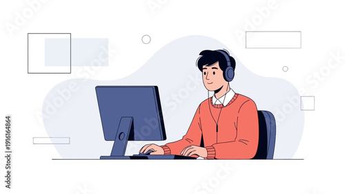 Young man wearing headphones working on a computer, illustration