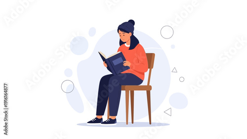 Young woman reading a book while sitting on a chair, illustration
