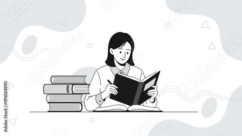 Young woman reading a book with stack of books, education concept, illustration