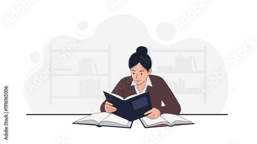 Woman Reading Books in Library, E-learning, Education and Knowledge Concept