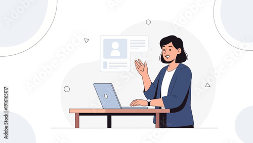 Woman waving hello on video call with laptop, online communication concept